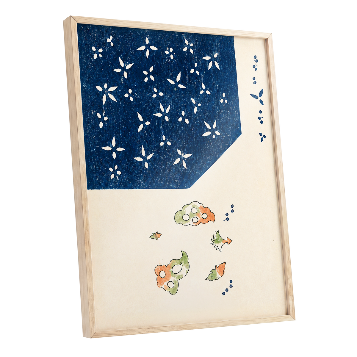 Indigo Petal Dance, blue, beige, green floral wall art shown as a oak framed poster wall art print