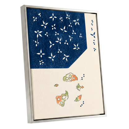 Indigo Petal Dance, blue, beige, green floral wall art shown as a silver framed canvas wall art