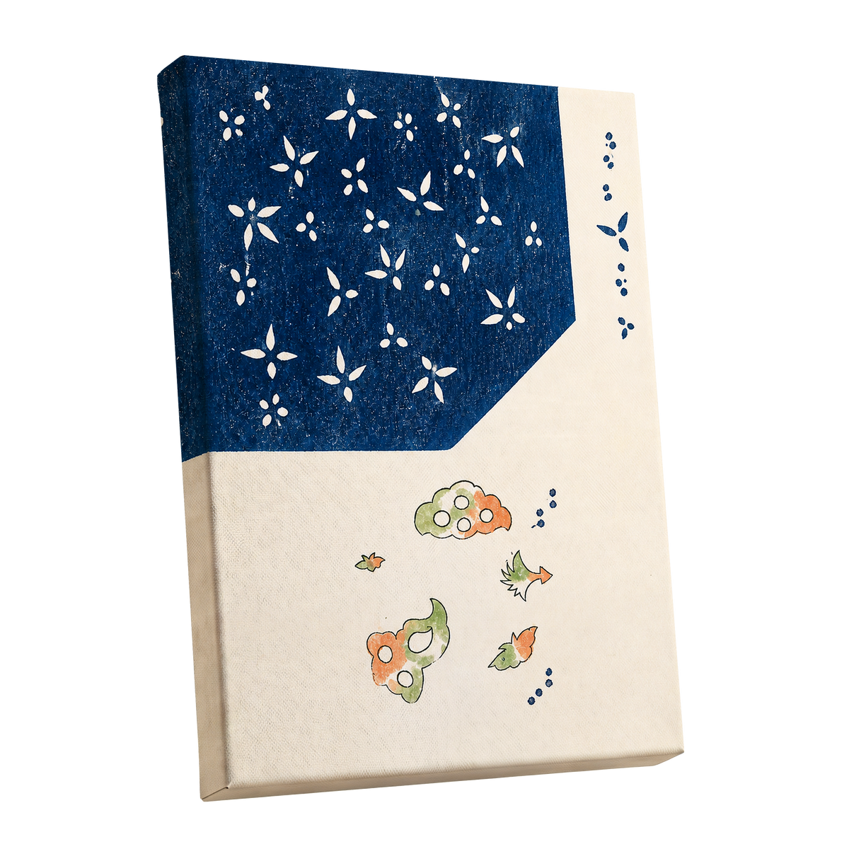 Indigo Petal Dance, blue, beige, green floral wall art shown as a stretched canvas wall art