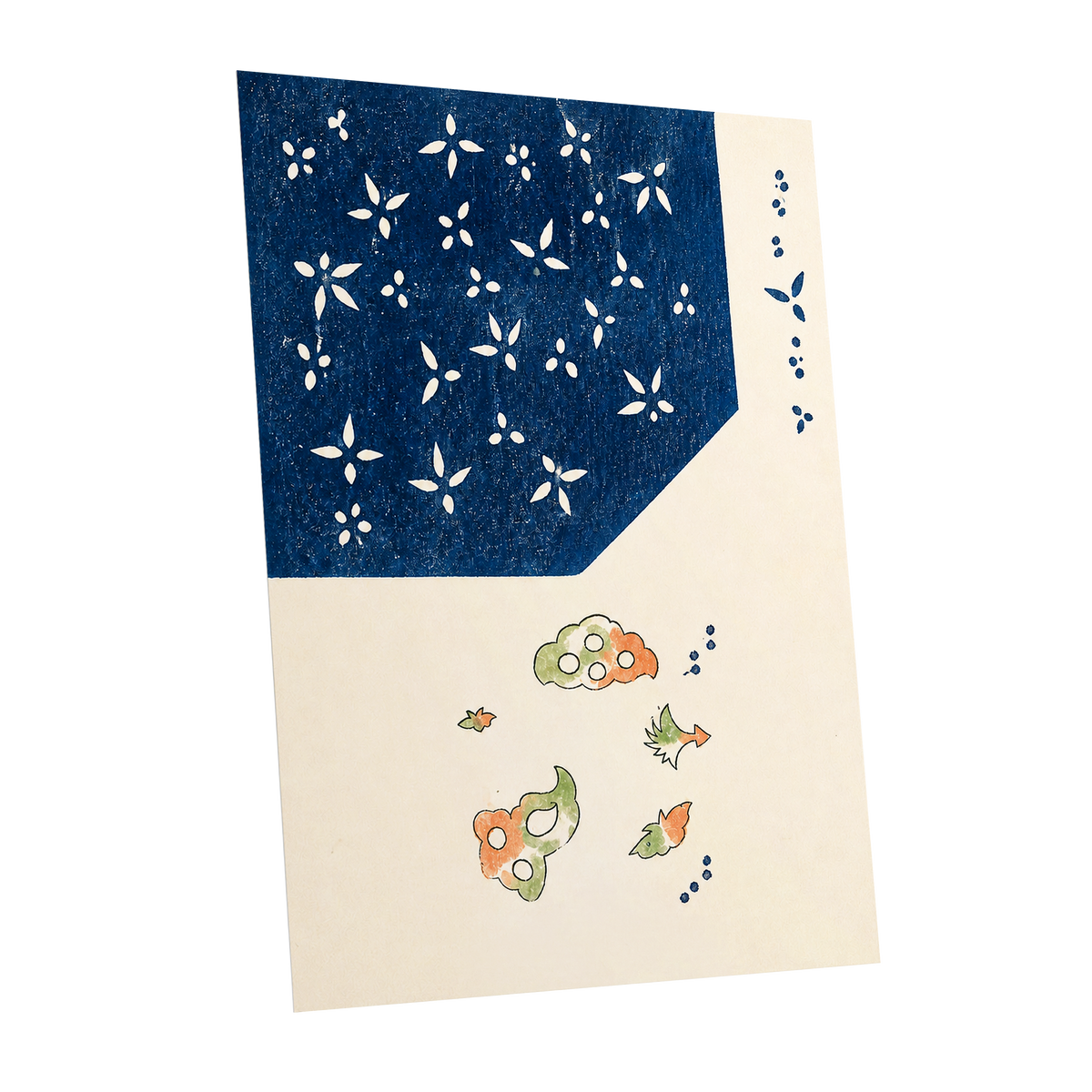 Indigo Petal Dance, blue, beige, green floral wall art shown as a unframed poster wall art print