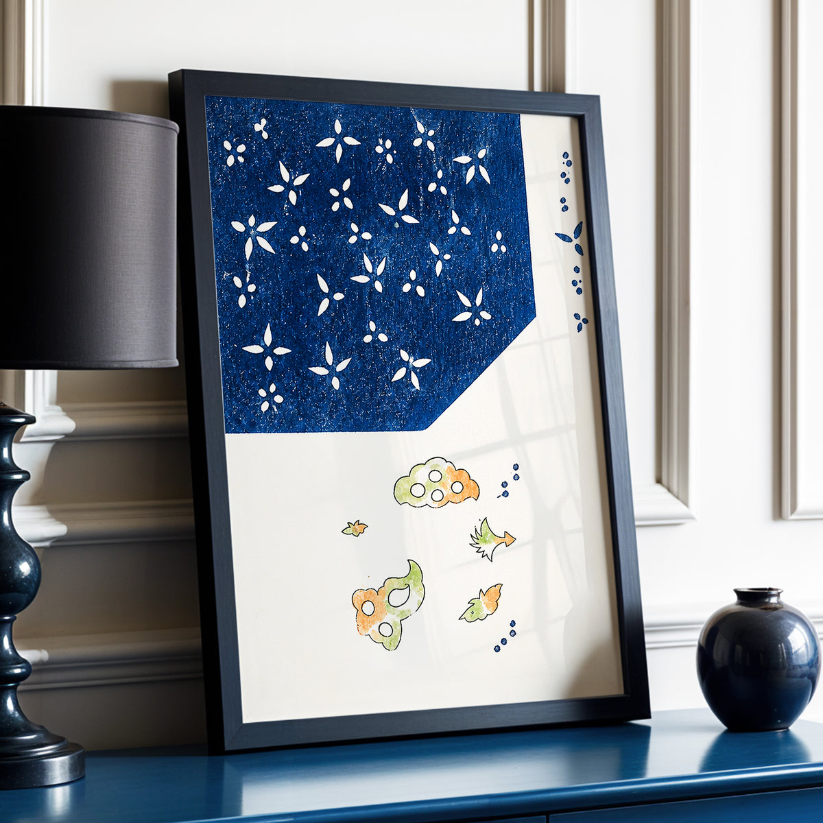 Indigo Petal Dance, blue, beige, green floral wall art displayed in a styled interior, gallery view 2