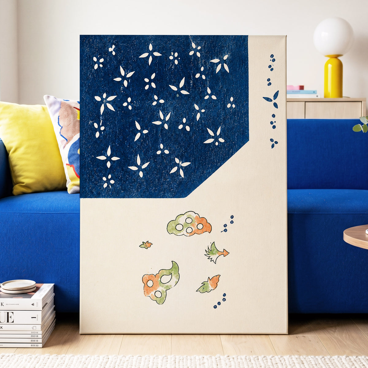 Indigo Petal Dance, blue, beige, green floral wall art displayed in a styled interior, gallery view 3