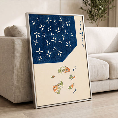 Indigo Petal Dance, blue, beige, green floral wall art displayed in a styled interior, gallery view 4