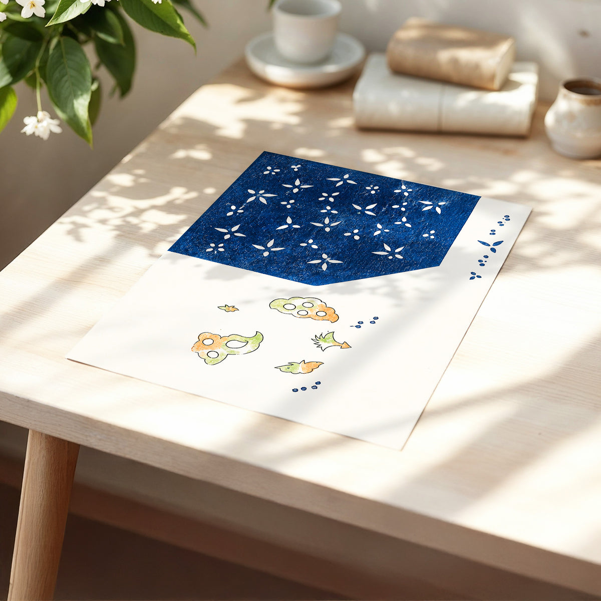 Indigo Petal Dance, blue, beige, green floral wall art displayed in a styled interior, gallery view 5