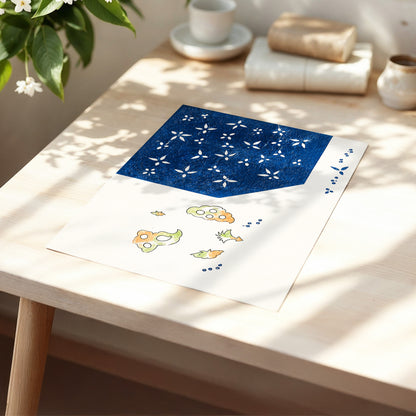 Indigo Petal Dance, blue, beige, green floral wall art displayed in a styled interior, gallery view 5