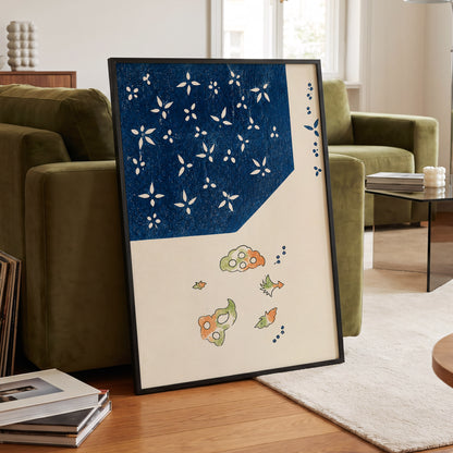 Indigo Petal Dance, blue, beige, green floral wall art displayed in a styled interior, gallery view 6