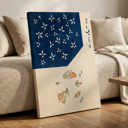Indigo Petal Dance, blue, beige, green floral wall art displayed in a styled interior, gallery view 7