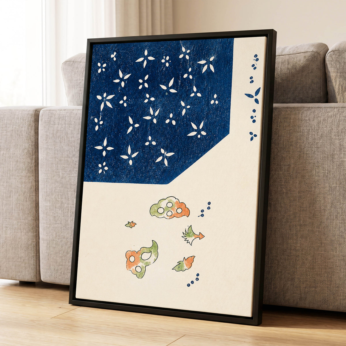 Indigo Petal Dance, blue, beige, green floral wall art displayed in a styled interior, gallery view 8