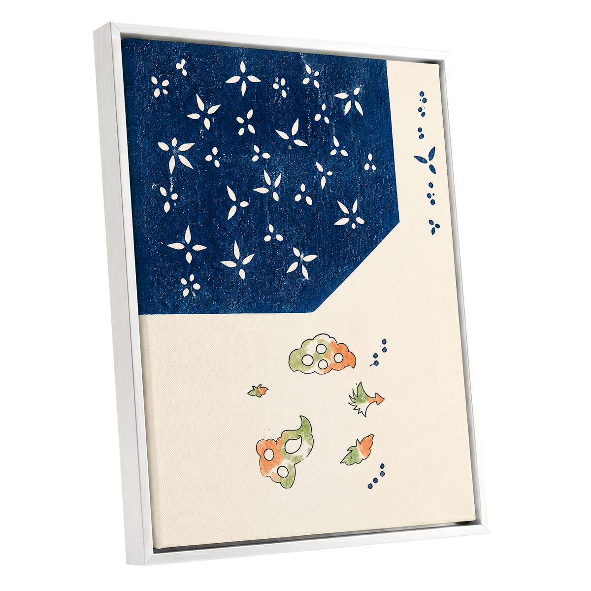 Indigo Petal Dance, blue, beige, green floral wall art shown as a white framed canvas wall art