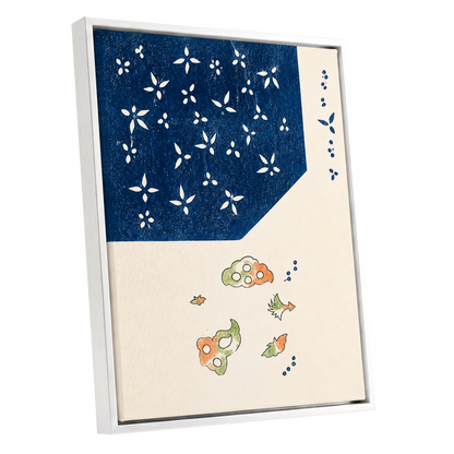 Indigo Petal Dance, blue, beige, green floral wall art shown as a white framed canvas wall art