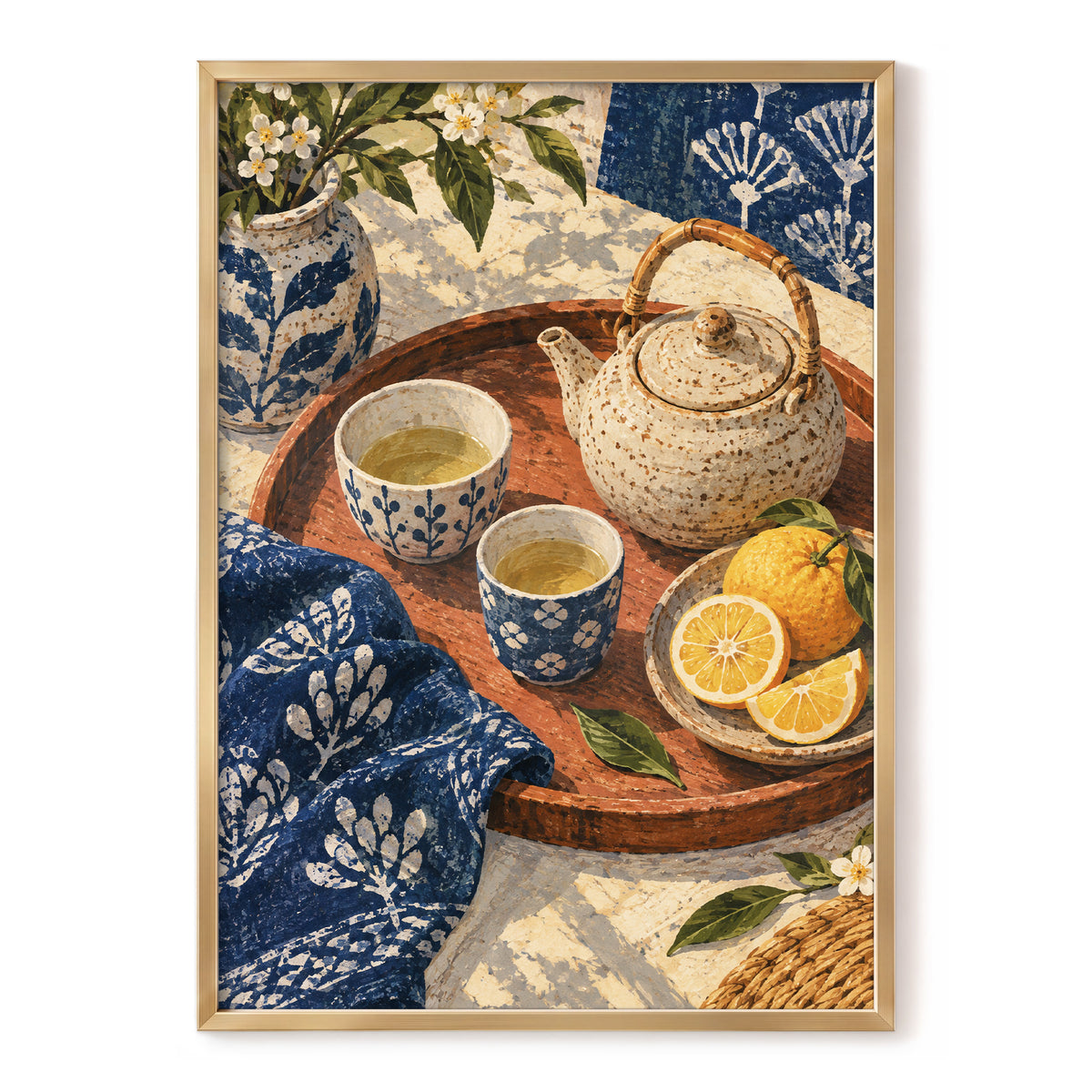 Indigo Tea and Citrus, blue, beige, brown abstract wall art, front artwork view