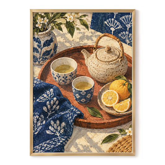 Indigo Tea and Citrus, blue, beige, brown abstract wall art, front artwork view