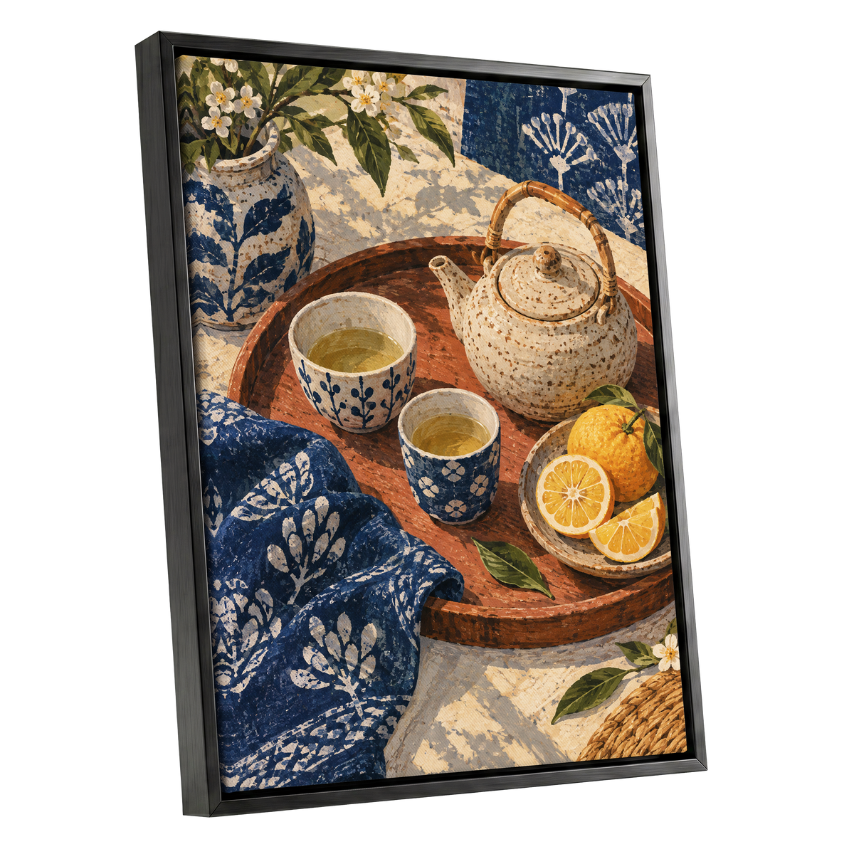 Indigo Tea and Citrus, blue, beige, brown abstract wall art shown as a black framed canvas wall art