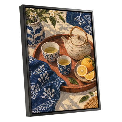 Indigo Tea and Citrus, blue, beige, brown abstract wall art shown as a black framed canvas wall art