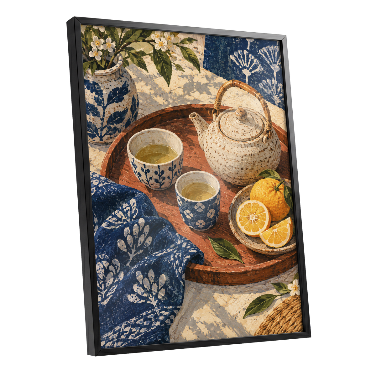 Indigo Tea and Citrus, blue, beige, brown abstract wall art shown as a black framed poster wall art print