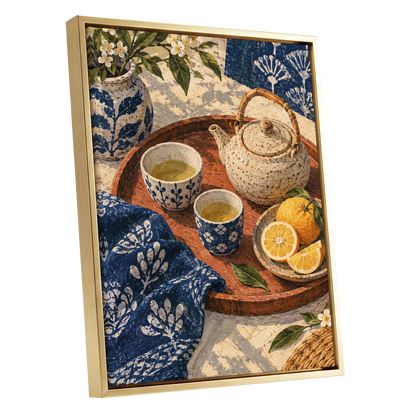 Indigo Tea and Citrus, blue, beige, brown abstract wall art shown as a gold framed canvas wall art