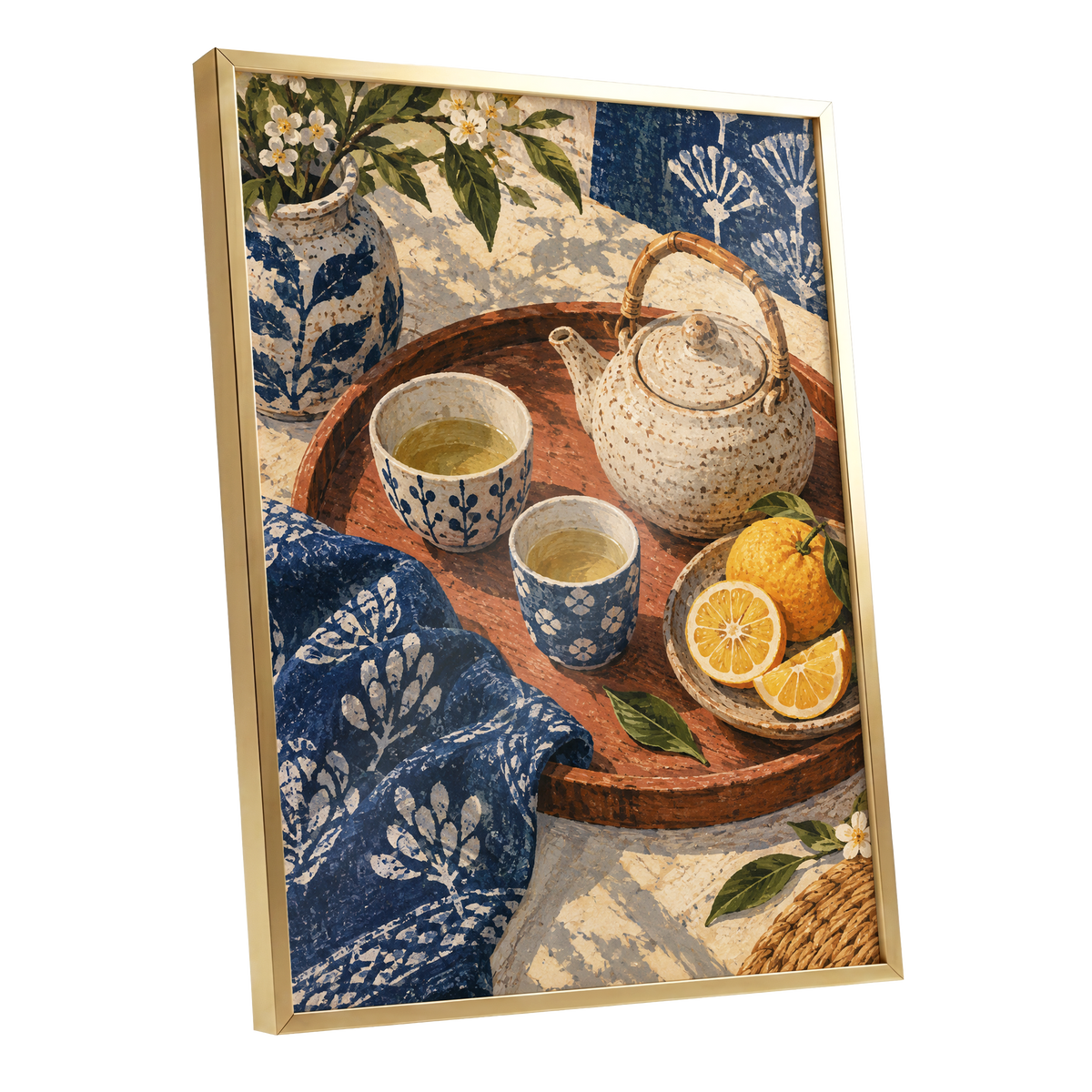 Indigo Tea and Citrus, blue, beige, brown abstract wall art shown as a gold framed poster wall art print