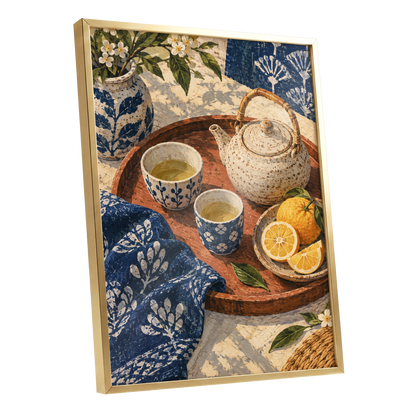 Indigo Tea and Citrus, blue, beige, brown abstract wall art shown as a gold framed poster wall art print