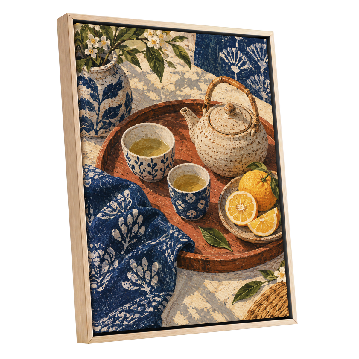 Indigo Tea and Citrus, blue, beige, brown abstract wall art shown as a oak framed canvas wall art