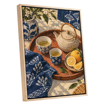 Indigo Tea and Citrus, blue, beige, brown abstract wall art shown as a oak framed canvas wall art