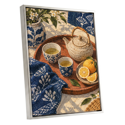 Indigo Tea and Citrus, blue, beige, brown abstract wall art shown as a silver framed canvas wall art