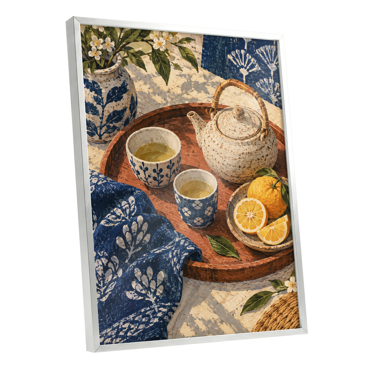 Indigo Tea and Citrus, blue, beige, brown abstract wall art shown as a silver framed poster wall art print