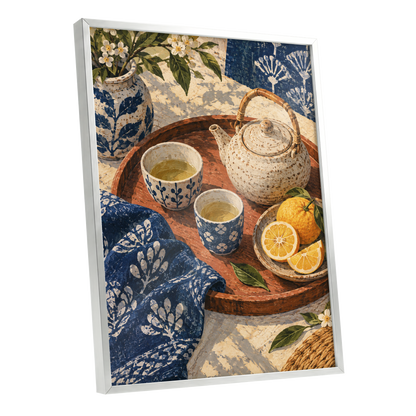Indigo Tea and Citrus, blue, beige, brown abstract wall art shown as a silver framed poster wall art print