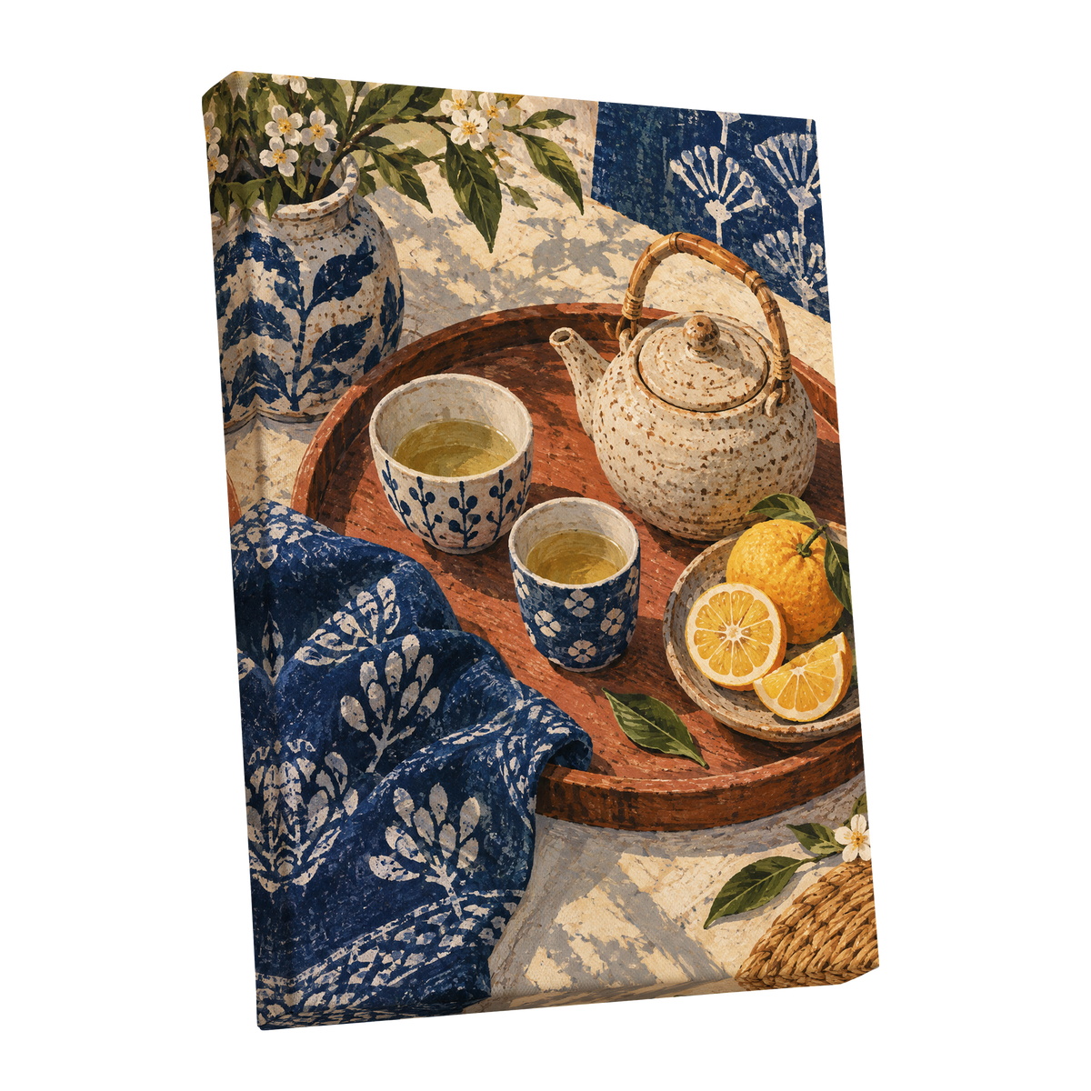 Indigo Tea and Citrus, blue, beige, brown abstract wall art shown as a stretched canvas wall art