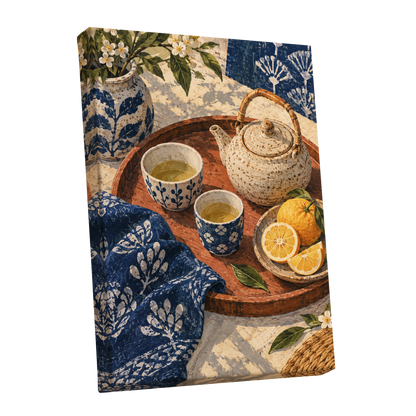 Indigo Tea and Citrus, blue, beige, brown abstract wall art shown as a stretched canvas wall art