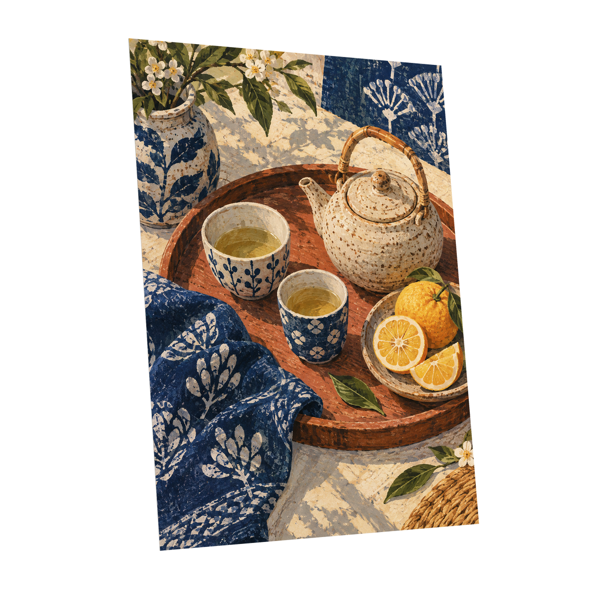 Indigo Tea and Citrus, blue, beige, brown abstract wall art shown as a unframed poster wall art print
