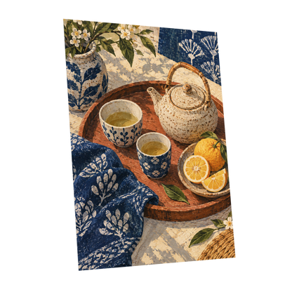 Indigo Tea and Citrus, blue, beige, brown abstract wall art shown as a unframed poster wall art print