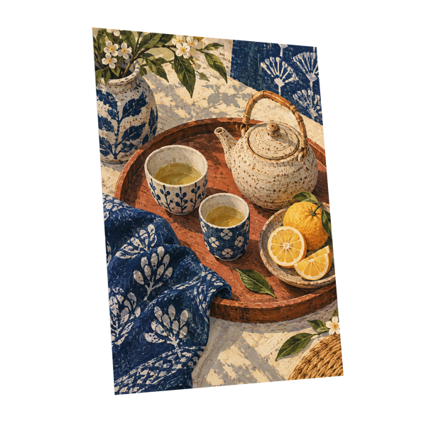Indigo Tea and Citrus, blue, beige, brown abstract wall art shown as a unframed poster wall art print