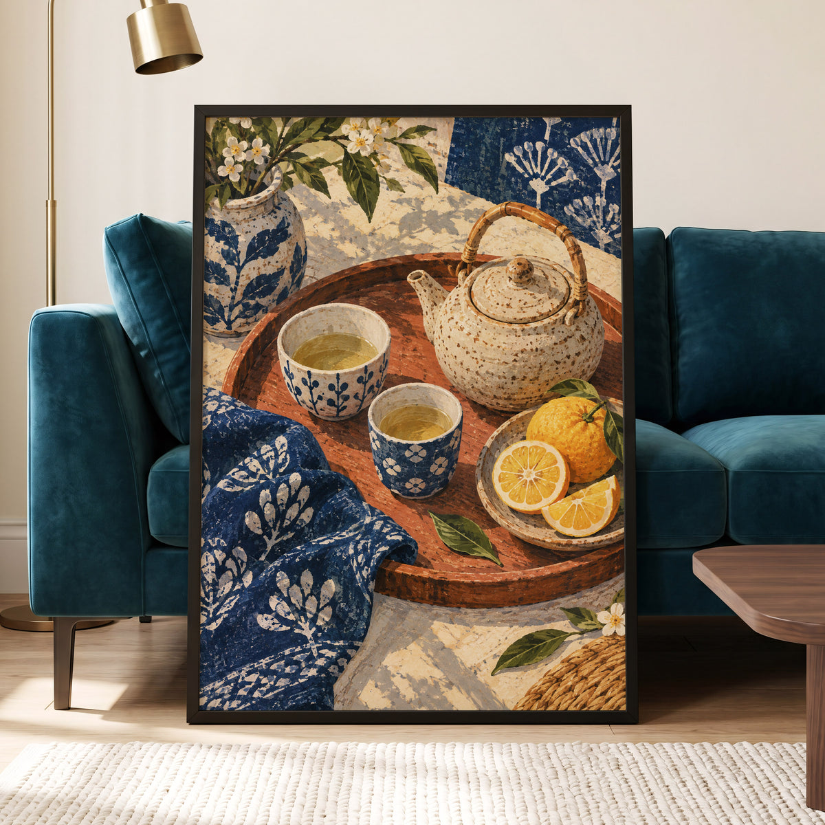 Indigo Tea and Citrus, blue, beige, brown abstract wall art displayed in a styled interior, gallery view 2