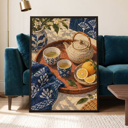 Indigo Tea and Citrus, blue, beige, brown abstract wall art displayed in a styled interior, gallery view 2