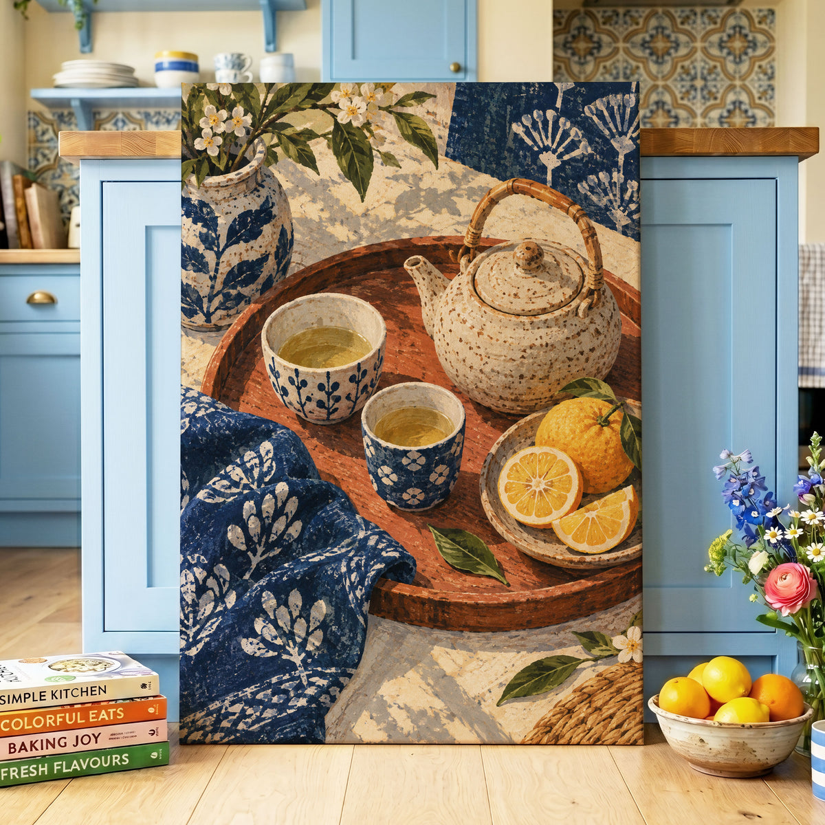 Indigo Tea and Citrus, blue, beige, brown abstract wall art displayed in a styled interior, gallery view 3