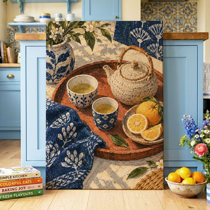Indigo Tea and Citrus, blue, beige, brown abstract wall art displayed in a styled interior, gallery view 3