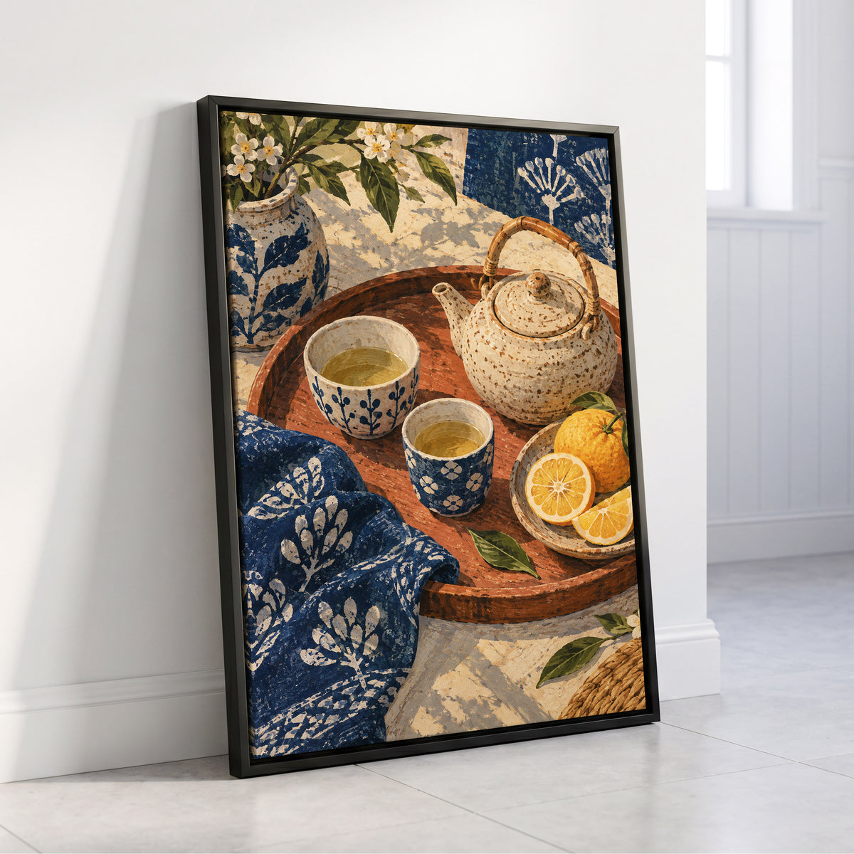 Indigo Tea and Citrus, blue, beige, brown abstract wall art displayed in a styled interior, gallery view 4