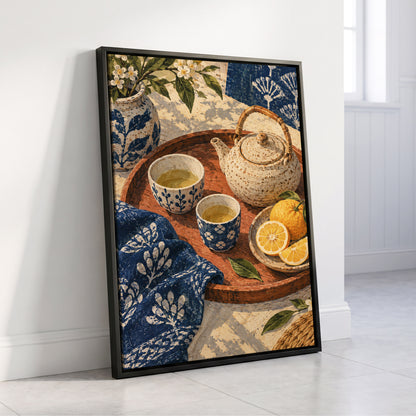 Indigo Tea and Citrus, blue, beige, brown abstract wall art displayed in a styled interior, gallery view 4