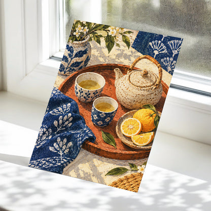 Indigo Tea and Citrus, blue, beige, brown abstract wall art displayed in a styled interior, gallery view 5