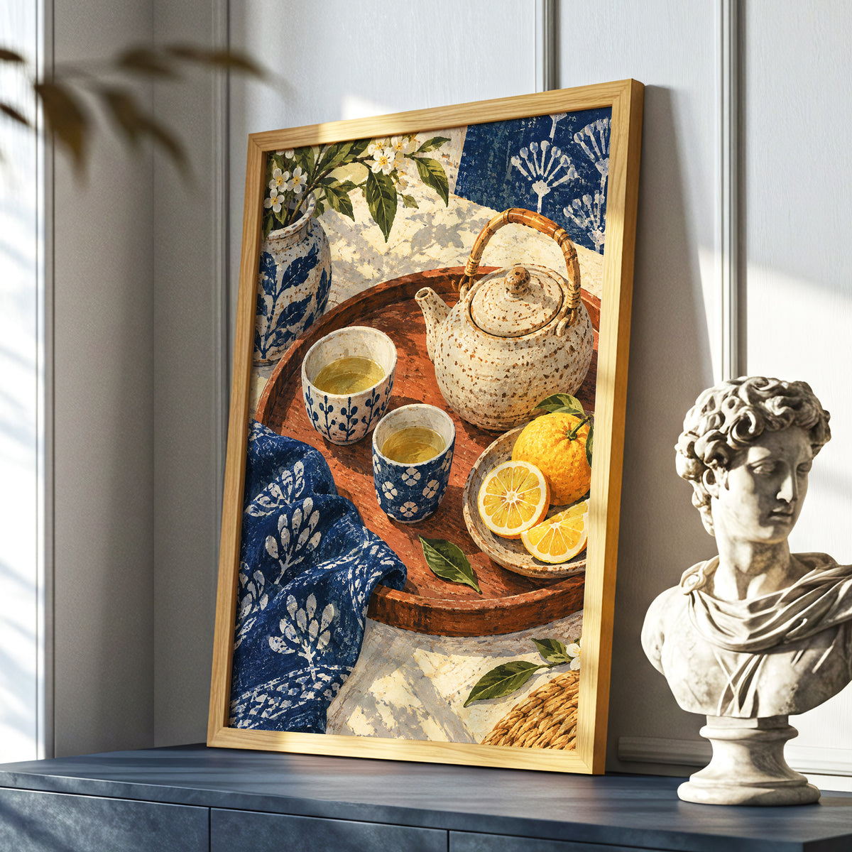 Indigo Tea and Citrus, blue, beige, brown abstract wall art displayed in a styled interior, gallery view 6