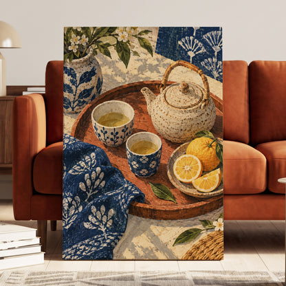Indigo Tea and Citrus, blue, beige, brown abstract wall art displayed in a styled interior, gallery view 7