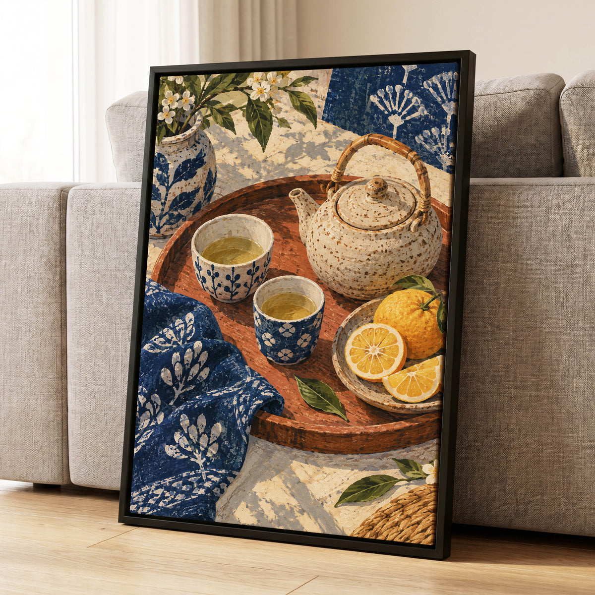 Indigo Tea and Citrus, blue, beige, brown abstract wall art displayed in a styled interior, gallery view 8