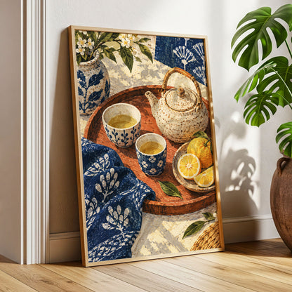 Indigo Tea and Citrus, blue, beige, brown abstract wall art displayed in a styled interior, gallery view 9