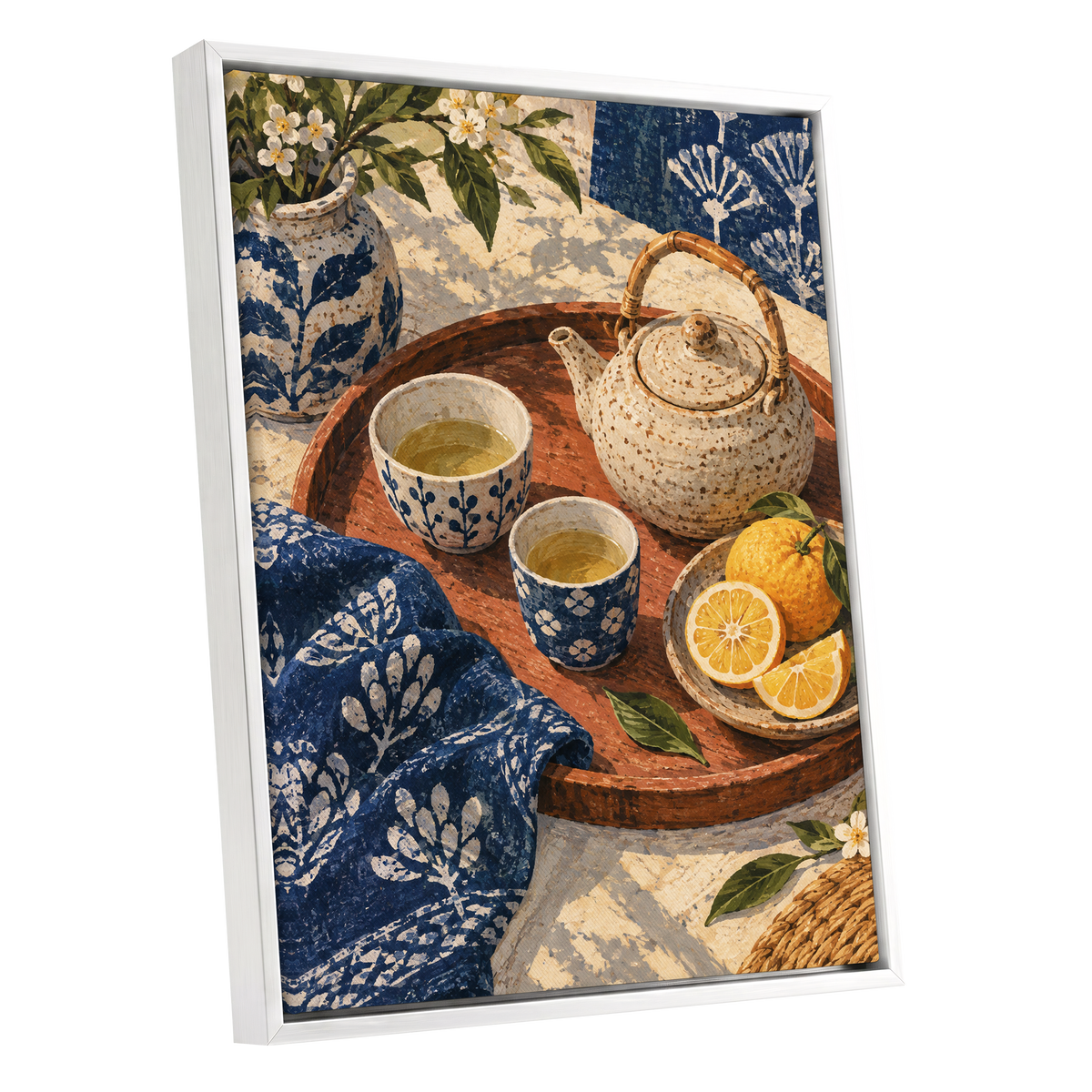 Indigo Tea and Citrus, blue, beige, brown abstract wall art shown as a white framed canvas wall art
