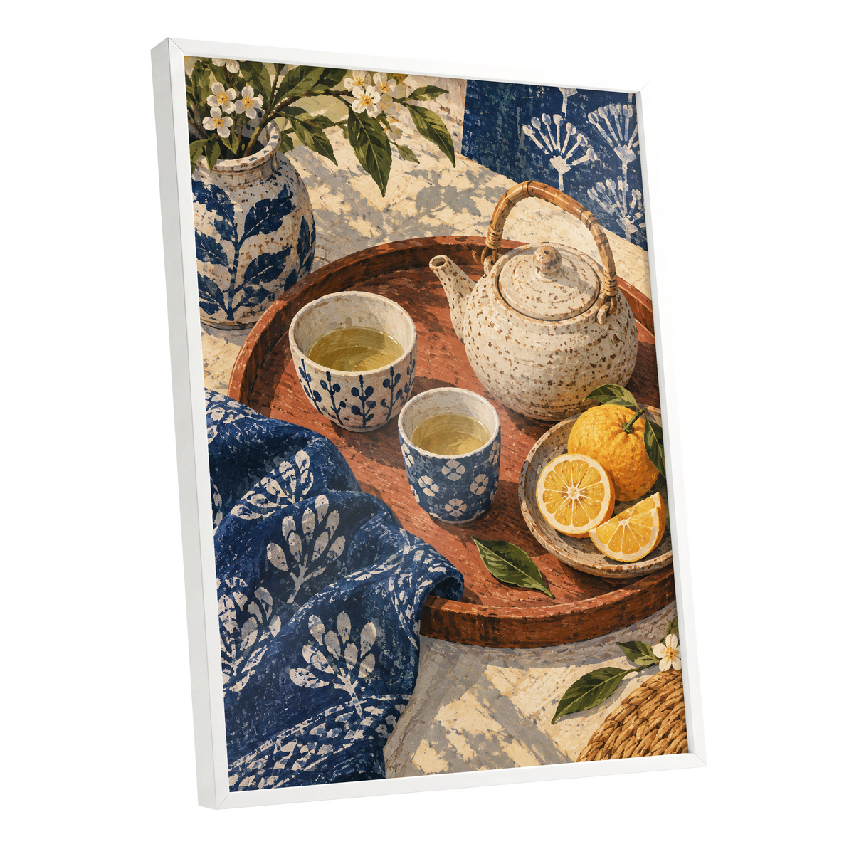 Indigo Tea and Citrus, blue, beige, brown abstract wall art shown as a white framed poster wall art print