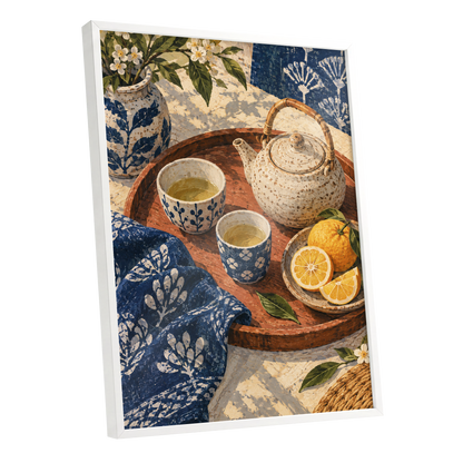 Indigo Tea and Citrus, blue, beige, brown abstract wall art shown as a white framed poster wall art print