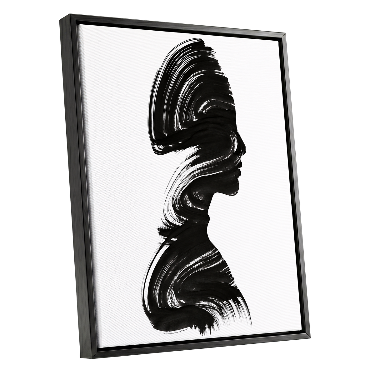 Inkbound Profile, black, white minimalist wall art shown as a black framed canvas wall art