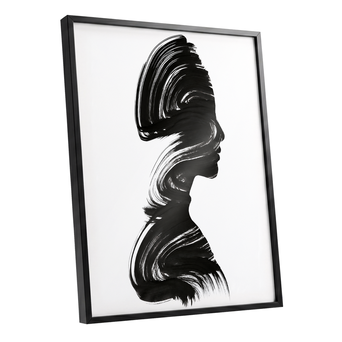 Inkbound Profile, black, white minimalist wall art shown as a black framed poster wall art print