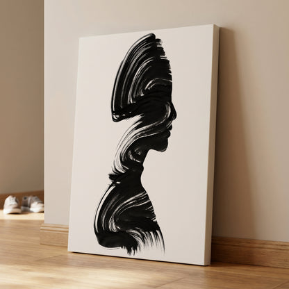 Inkbound Profile, black, white minimalist wall art on canvas displayed in a styled interior, gallery view 1