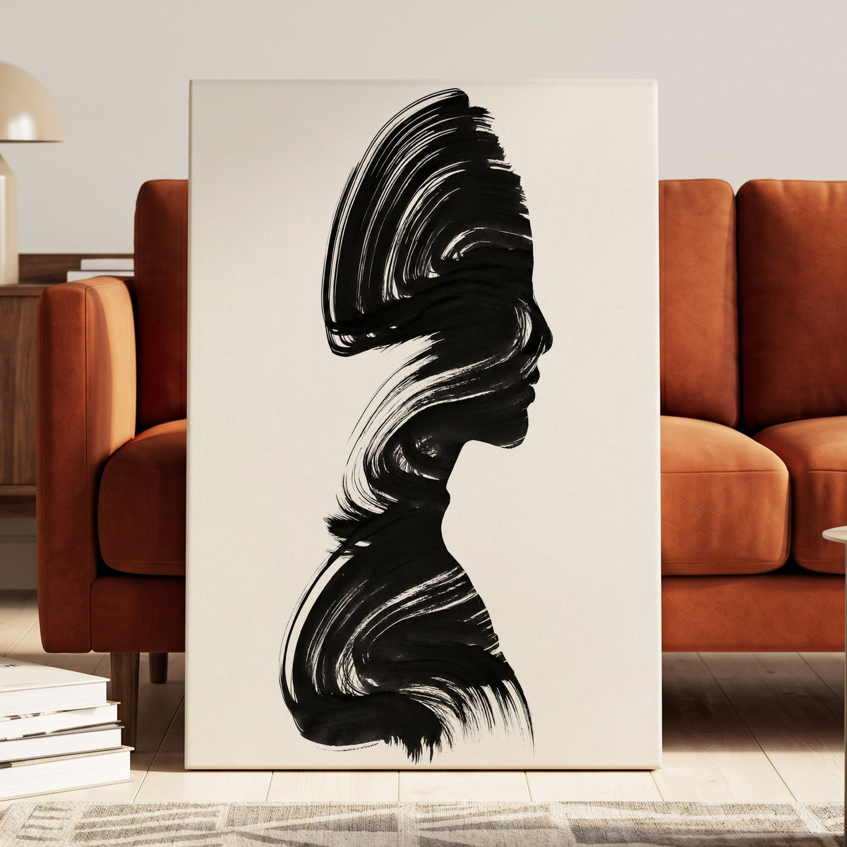 Inkbound Profile, black, white minimalist wall art on canvas displayed in a styled interior, gallery view 2